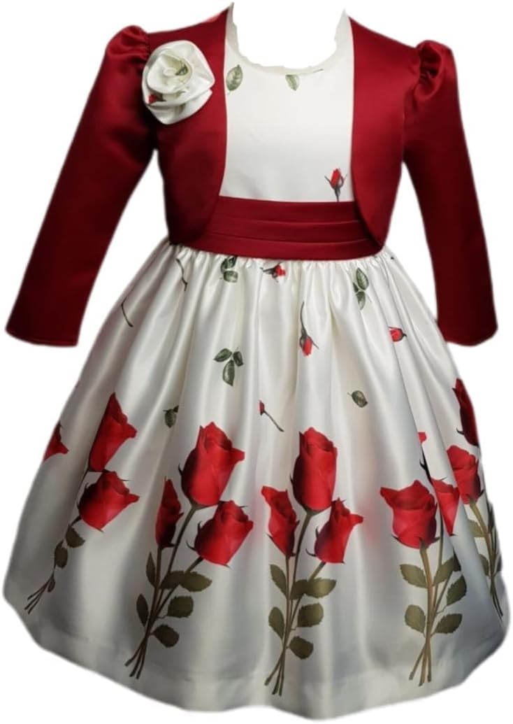 Sleeveless Girls Satin Rose Dress Girls Party Wear Dresses Round Neck Casual Dress Flower Dress with A Matching Jacket