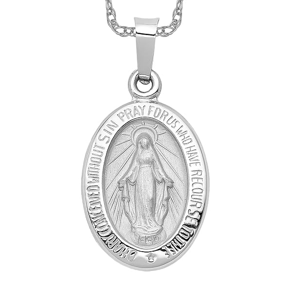 IceCarats 14K Solid White Gold Our Lady of Miraculous Medal Blessed Virgin Mary Necklace Chain Pendant Charm