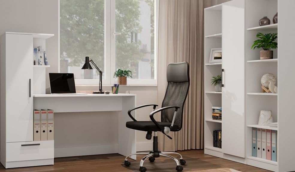 BDW Cosmo Scrivania con mensole, larghezza 143 cm, altezza 140 cm, profondità 50 cm, scaffale integrato con porta, cassetto, asilo nido, ufficio, adolescenti, bianco