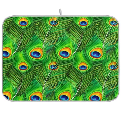 JUMBEAR Alfombrilla de secado de platos, hermosas plumas de pavo real, base absorbente para máquina de café, suela de goma antideslizante, tapete de secado absorbente para cocina, fregadero, 18 x 24