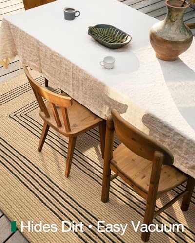Image of Handmade Rectangular Jute Carpet Black line Beige - Natural Fiber Rug for Living Room & Bedroom | Eco-Friendly & Durable | Size 5x8 Feet, Color- Black line Beige