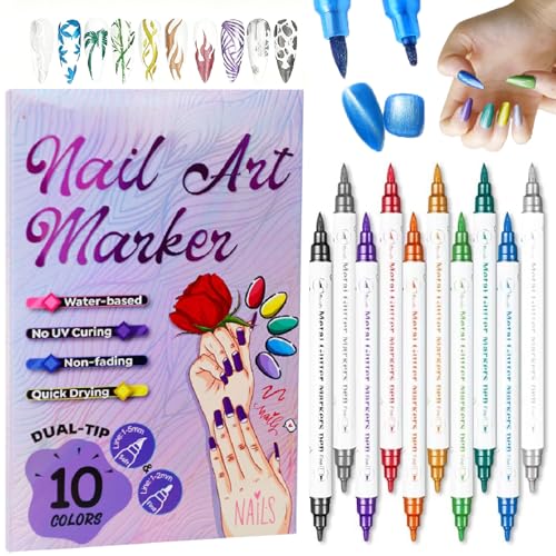 10 Colors Nail Art Pens Set - Metallic Nail Art Markers for Gel Nails Double Tips 3D Gel Nail Polish Pens Set Quick Dry Waterproof Graffiti Dotting Point Liner Pens for Painting DIY Nails Art