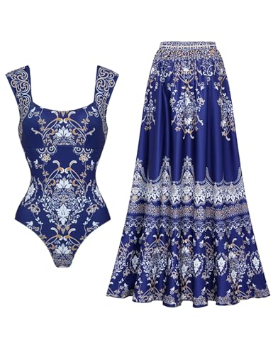 FLAXMAKER Women's One Piece Royal Blue Baroque Print Bathhing Suits Swimsuit and Skirt