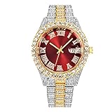 CdyBox Men Hip Hop Watch with Roman Scale Calendar Crystal Rhinestone Watches Stainless Steel Iced-Out Wrist Watch (Red)