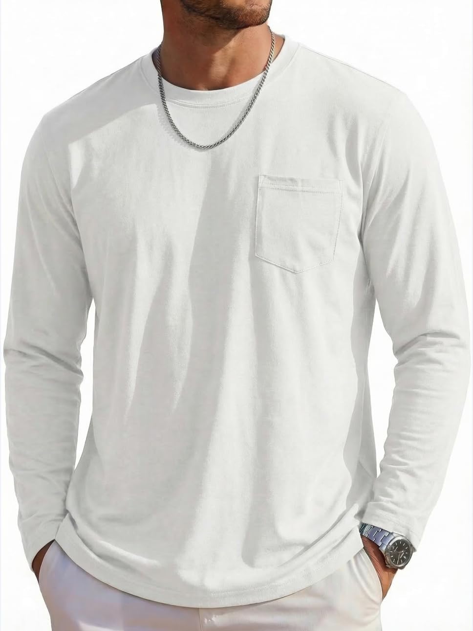 Cavva Camiseta de manga larga para hombre, de algodón, con bolsillos, básica, cuello redondo, manga larga, para otoño
