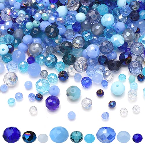 KINGSHINE 4/6/8mm Crystal Glass Beads 3 Sizes Total 1000pcs Faceted Briolette Rondelle Beads with Container Loose Spacer Beads for DIY Beading Projects Earrings Necklaces(Blue Color)