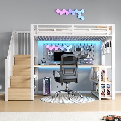 Dolamaní Lit mezzanine, 90 x 200 cm, blanc, avec bureau et LED, cadre en fer, lit en métal avec 2 ports USB et 1 prise de type C, escalier avec espace de...
