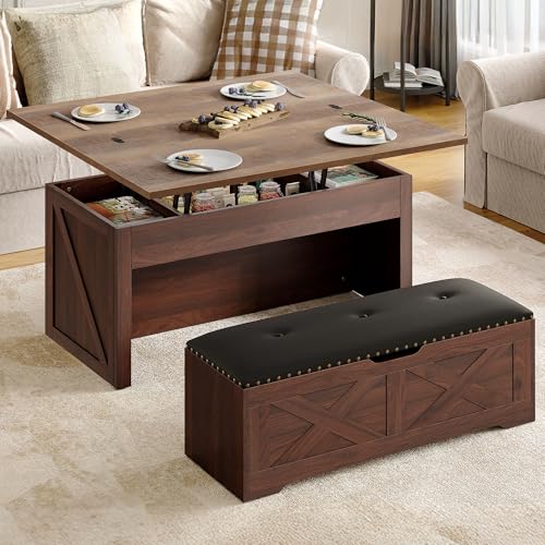 YITAHOME Lift Top Coffee Table Set with Storage Ottoman Bench & Wheels, 4 in 1 Convertible Dinning Center Tables with Hidden Compartment, Farmhouse Coffee Tables for Living Room Furniture, Walnut
