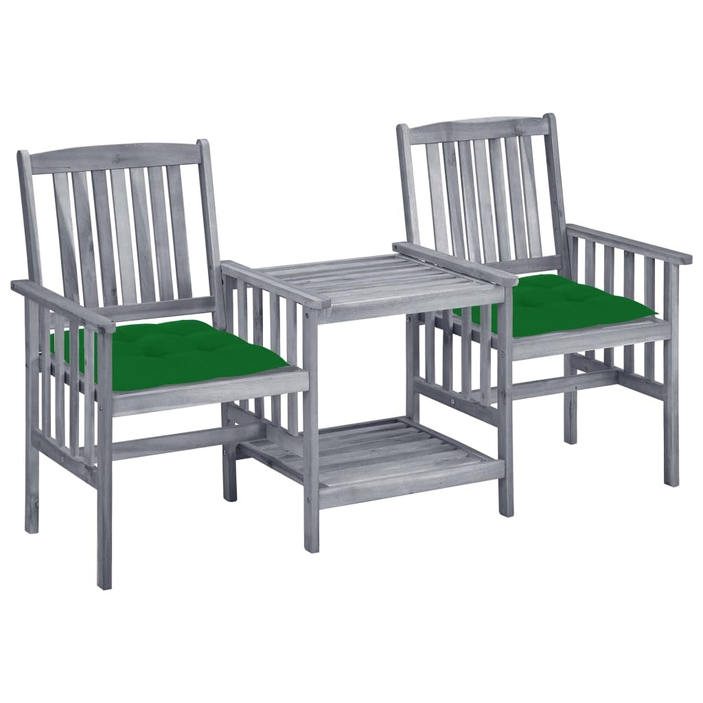 Gartenstühle mit Teetisch und Kissen, 2-Sitzer Gartenbank mit integriertem Tisch, Massivholz Akazie Set für Balkon, Terrasse und Garten, Grau mit grünen Polstern, 159x61x92 cm