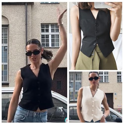 FindThy Women's Waistcoat Vest V Neck Button Down Fashion Dressy Blazer Jacket4