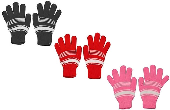 Brats N Beauty -Boys I Girls Winter Warm Woolen Multicolor Gloves Pack Of 3 For Age-5-6 Years