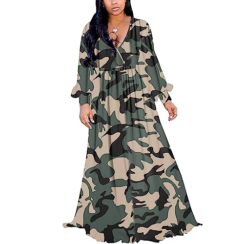 BOGURST Vestido largo de gasa de talla grande para mujer, con cuello en V profundo, estampado, holgado, vestidos de playa de verano, Camuflaje DC, XL
