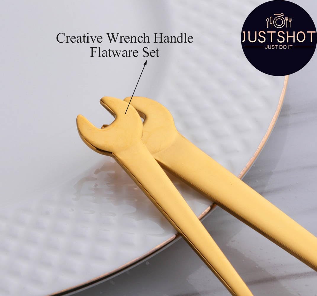 JUSTSHOT 40-Piece Gold Silverware Set for 8,Novelty 1810 Stainless Steel Wrench Handle Flatware Set,Gold Forks and Spoons Wrench Cutlery Set,Mirror Polished,Dishwasher Safe