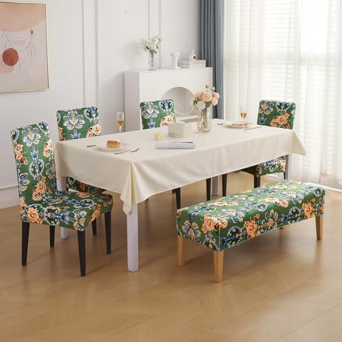 Image of HOKIPO Premium Printed Velvet Dining Chair Cover Set of 4 with 1 Bench Cover, Green Victorian Garden (AR-5799-D4)