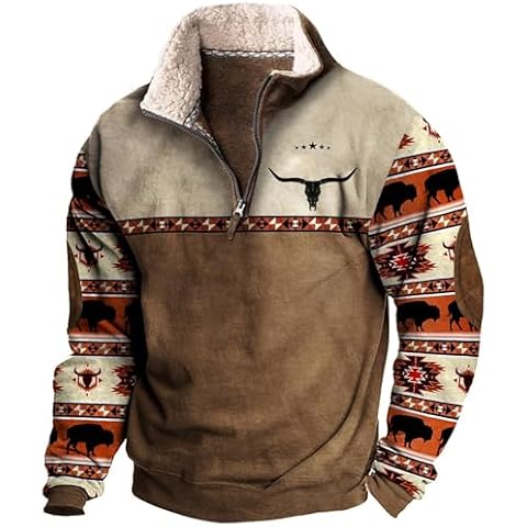 Bengbobar Men's Western Aztec Fleece Sweatshirt Cow Print Cowboy Winter Warm Coats Ethnic Vintage Tops Brown Country Jackets Casual Long Sleeve 1/4 Zip Pullover Cover
