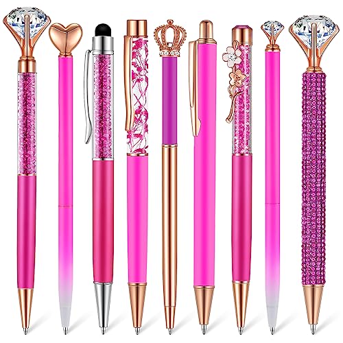 Image of Janmini Metal Crystal Glitter Ballpoint Pen Set 9 Pcs Black Ink Cute Cute Things Novelty Gifts for Women Girls Birthday Home Office (Neon Pink)