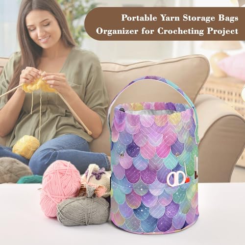 Image of ElliTarr Crochet Bag Yarn Bag with Handle Portable Knitting Project Bag Travel Yarn Storage Organizer Holder Case Watercolor Mermaid Scales Colors
