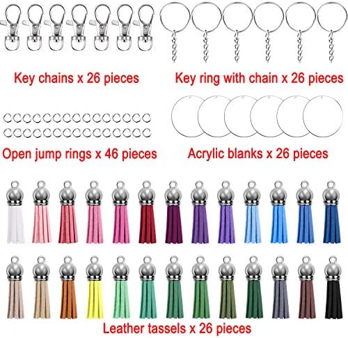 Duufin 150 Pcs Acrylic Transparent Circle Discs Set Including 26 Pcs Acrylic Keychain Blanks 26 Pcs Tassel 26 Pcs Key Rings with Chain 26 Pcs Keychain Hooks and 46 Pcs Jump Rings for Craft