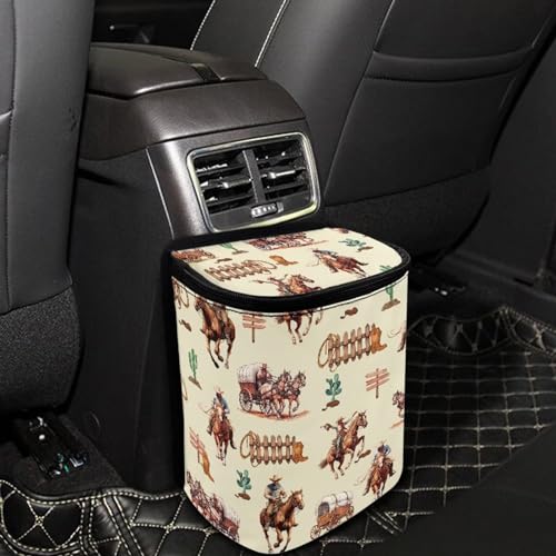 Image of Western Cowboy Car Trash Can Southwest Aztec Native Cow Mini Auto Garbage Bin with Lid Leak Proof Hanging Car Rubbish Bags Automotive Organizer Accessory for Back Front Seat