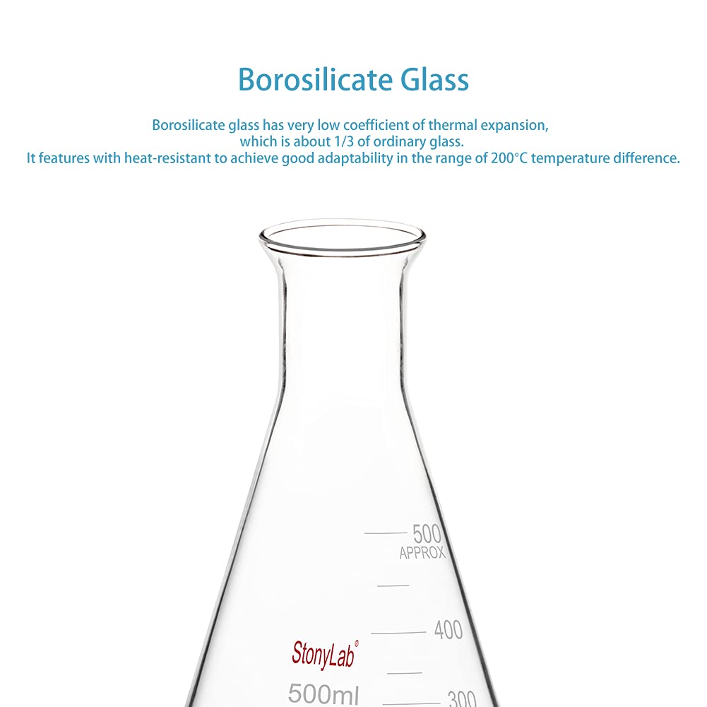 stonylab 1 Paquet Flacon Erlenmeyer à Large Ouverture en Verre, 500 ml Erlenmeyer Bouteille en Verre Borosilicate Erlenmeyer Flask avec Jante Robuste