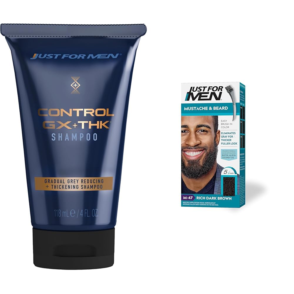 Just for MenControl GX + THK Grey Reducing and Thickening Shampoo, 4 oz (Pack of 1) Mustache & Beard, Rich Dark Brown, M-47, Pack of 1