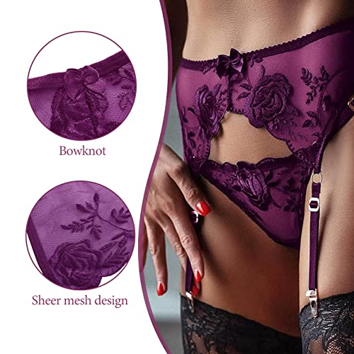 Lace Garter Belt Suspender Straps Sexy Sheer Mesh High Waisted Lingerie Panty Thong 4 Metal Clips For Thigh Hold Up Tights (Purple) #TOP3