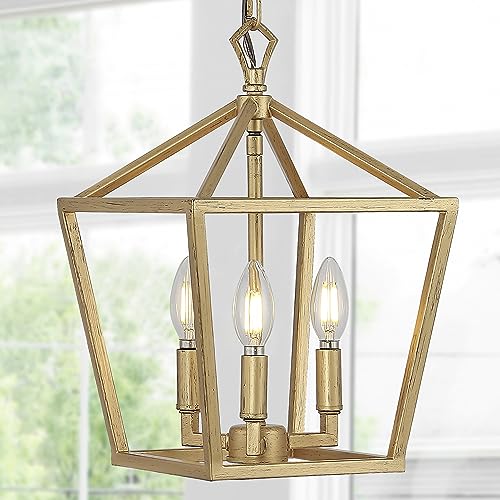 Image of JONATHAN Y Ojai Pagoda Pendant Lantern 10 inch, Brass Gold | 3-Light, Metal Frame Construction, LED Bulbs Included, Adjustable Chain, Classic Farmhouse Chandelier, Entry Foyer Decor