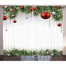 Cortinas Para Salas Estampadas ABAKUHAUS Navidad Cortinas, Las Bolas del árbol Adornos, Sala de Estar Dormitorio Cortinas Ventana Set de Dos Paños, 280 x 245 cm, Verde Rojo