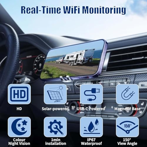 Image of WiFi Magnetic Solar Wireless Backup Camera, 10000mAh Rechargeable 1080P Rear View Camera for Truck RV Trailer Car, DVR Recording Night Vision,Easy Installation
