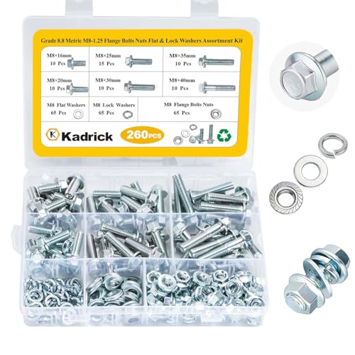 Image of 260Pcs Flange Hex Bolts and Nuts Kit,M8 x1.25 (M6 x1.0 M10-1.25 Available) (16mm to 40mm) Metric Bolt Assortment,Alloy Steel Class 8.8 Zinc Plated