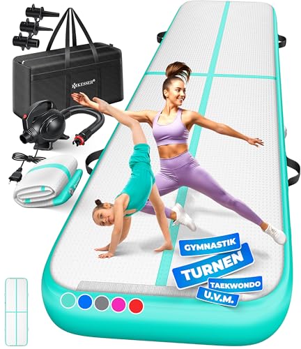 KESSER Turnmatte Aufblasbar Airtrack Fitness-Matte Gymnastikmatte | inkl. Tragetasche & elektr. Luftpumpe | Yogamatte Tumbling Matten Trainingsmatte (Mint Grün 300 x 100 x 10 cm)