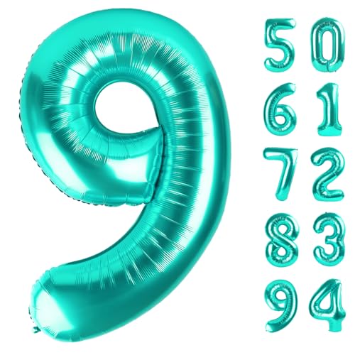 Image of Teal Blue 9 Balloon, Number Balloons 40 Inch, 9th Giant Birthday Decorations, 19th 29th Party Decorations Supplies, Number 9 Balloon