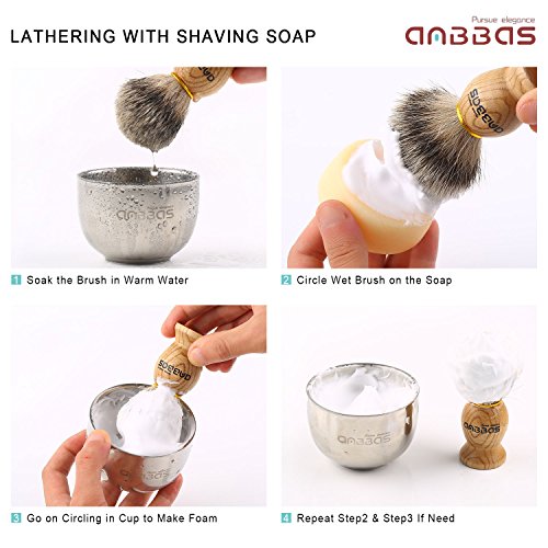 Shaving Set, Anbbas 4in1 Pure Badger Hair Shaving Brush Solid Manchurian Ash Wood Handle,Black Broken-Resistant Acrylic Shaving Stand,Stainless Steel Shaving Bowl Dia 3.2 inch and Goat Milk Soap 100g - Thumbnail 6