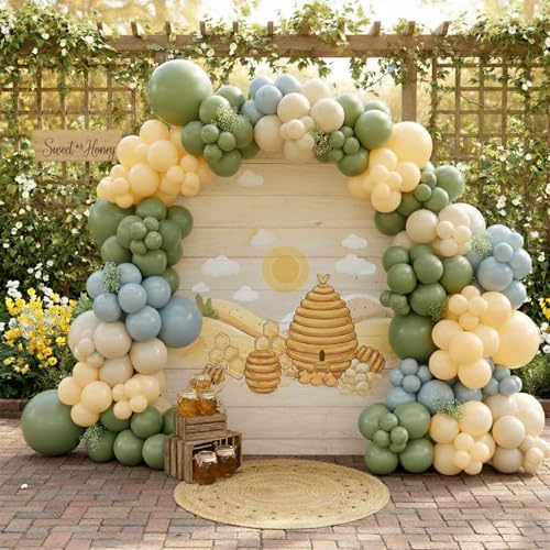 Image of 184Pcs Classic Cartoon Balloon Garland Arch Kit - Classic Bear Theme Party Decorations with Blue Yellow Sage Green Sand White Balloons for Baby Shower Girl Boy Birthday Party Decorations