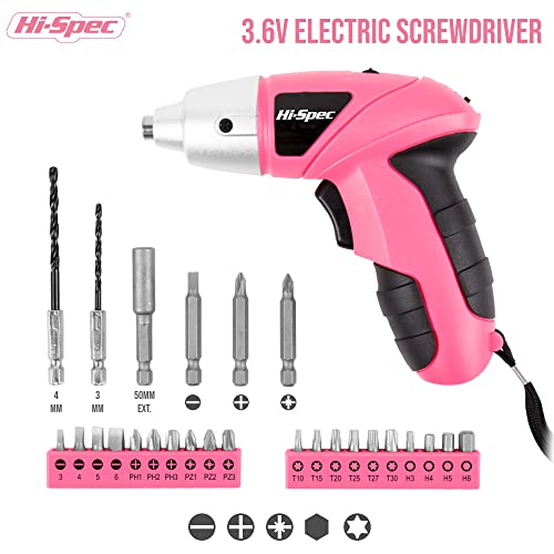 Hi-Spec 27Pc 3.6V Pink Usb Small Power Electric Screwdriver Set For Women. Cordless & Rechargeable With Driver Bit Set #TOP1