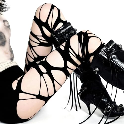 Women's Ripped Fishnet Tights - Gothic Punk Y2K Style with Irregular Holes, Black Mesh Lace Pantyhose for Halloween Cosplay Party (One Size)3