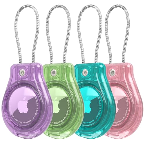 4 Pack IPX8 Waterproof AirTag Keychain Holder?Air tag Lock Case with Wire Cable Compatible with Apple AirTags,Ultra Durable Anti-Lost Lock Keychain Holder for Luggage(clear Pink+blue+green+purple)