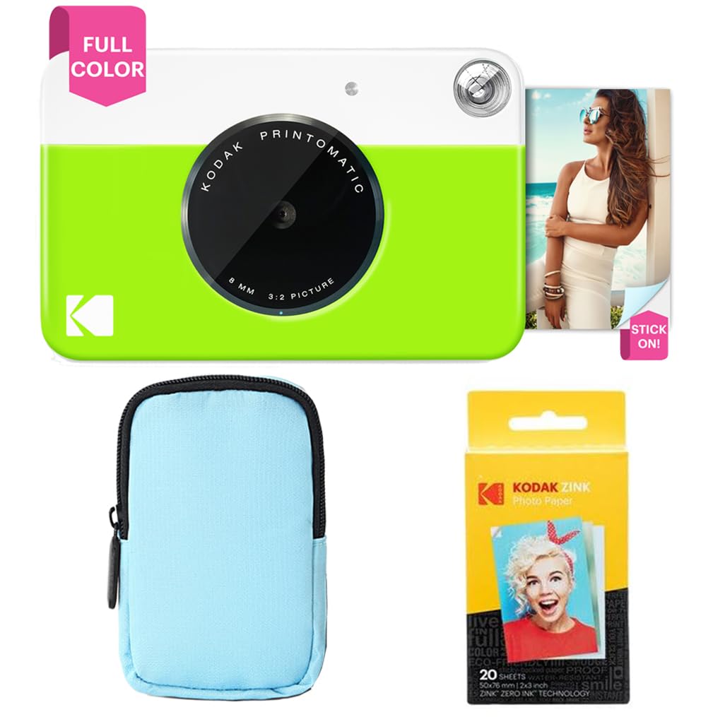 KODAK Printomatic Full-Color Instant Print Camera Starter Bundle + Soft Case + Zink 20 Pack Photo Paper - Colorful Photos On 2x3 Sticky-Back Paper - Fun Gift for Birthday Christmas Holiday - Green