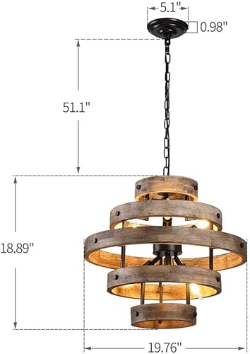 Miniatura 3 de 6 luces x 22 pulgadas de ancho de metal circular de madera vértigo geométrica lámpara industrial granja linterna colgante vestíbulo lámpara colgante