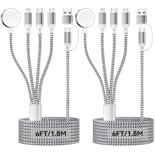 2Pack 4 in 2 Multi Schnellladekabel für A pple Watch, 1.8M/6FT Ladekabel Ladegerät Nylon USB-A/C zu iOS/Typ C/Micro-USB/iWatch, Kompatibel mit iWatch Ultra/SE/1-11/iPhone/iPad/AirPods/Galaxy/Huawei
