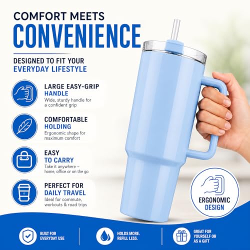Image of Clazkit 1200ML Tumbler with Handle & Straw, Plastic Travel Cup, Leakproof Reusable Mug for Cold Beverages, Office, Gym & Car - Blue