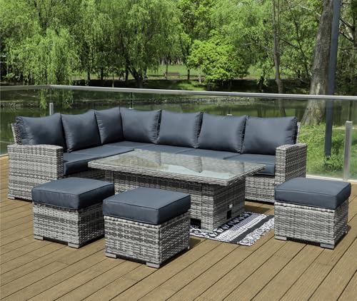 9 Seater Rattan Garden Furniture Set with Rising Table - Left or Right Hand Outdoor Furniture Rattan Corner Sofa Garden Patio Sets - FREE COVER INCLUDED (Dark Grey, Left/Right Hand Configurable)