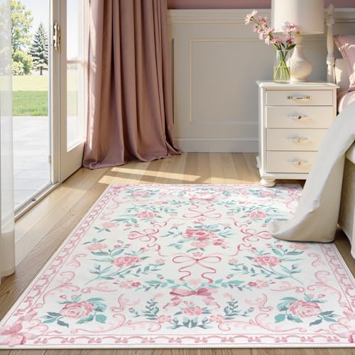 Collive Pink Floral Rugs for Girls, 5x7 Washable Bow Area Rug for Living Room, Cute Ultra-Thin Non Slip Indoor Decor Carpet for Nursery Kids Room Bedroom Playroom (Pink 5' x 7') - Image 3