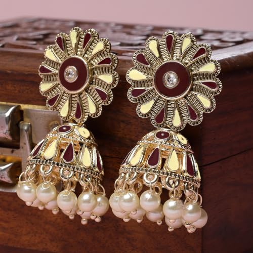 Image of Karatcart Silver Tone Diamond Shape Pink and Blue Carved Stone Studded Drop Earrings for Women