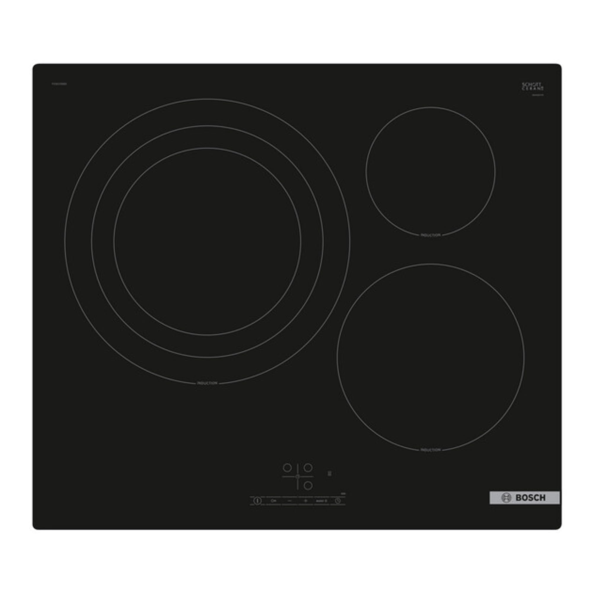 Bosch - Placa de Inducción, Encastrable, 60 cm, 3 zonas,17 Niveles de Potencia, Inicio rápido, TouchSelect, Negro, PID61RBB5E