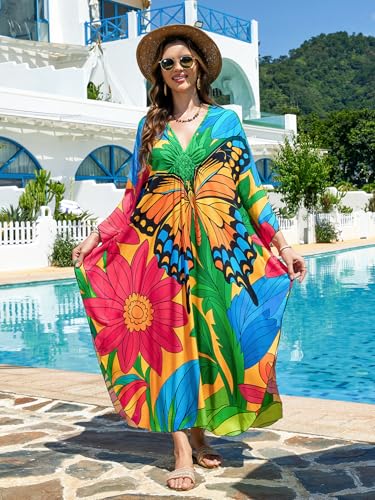 Image of IMAGEKOPE Women's Plus Size Animal Print V-Neck Batwing Kaftan Beach Dress Bathing Suit Cover-Up Loungewear