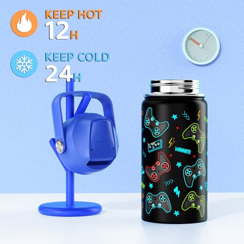 Boys Backpack with Lunch Bag Pencil Case, 14oz Insulated Bottle, BPA-FREE Double Tumbler 18/8 Stainless Steel Leak Proof Cups with Metal Straw for School Boy (Blue Game Console)4