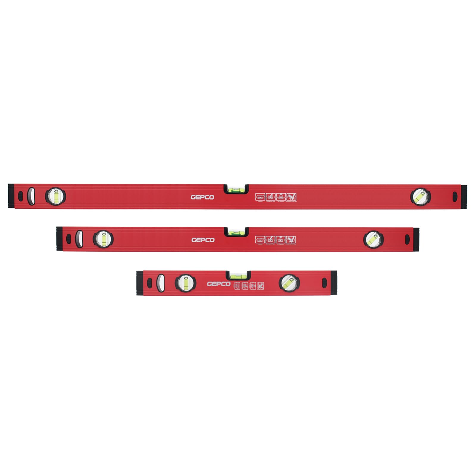 GEPCO Lot de 3 niveaux à bulle professionnels 40 + 80 + 120 cm en aluminium 1,2 mm Balance de mesure 3 fioles Tolérance de mesure industrielle : 0,5 mm/m