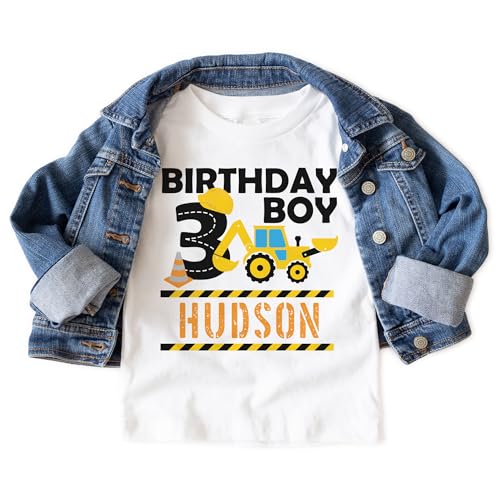 Custom 3rd Birthday Boy Toddler Shirt - Personalized Kids Name I'm Three 3 Years Old Construction Zone Backhoe Tractor Digger Outfit - Natural Toddler & Youth Boys Graphic Tee3