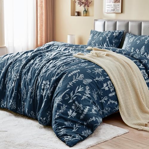 MUXHOMO Duvet Cover Queen Size, Reversible Floral Navy Duvet Cover Set with Zipper Closure, 3 Pieces Botanical Patterns Soft Microfiber Bedding Set with 4 Ties (90"x90", 2 Pillow Cases)